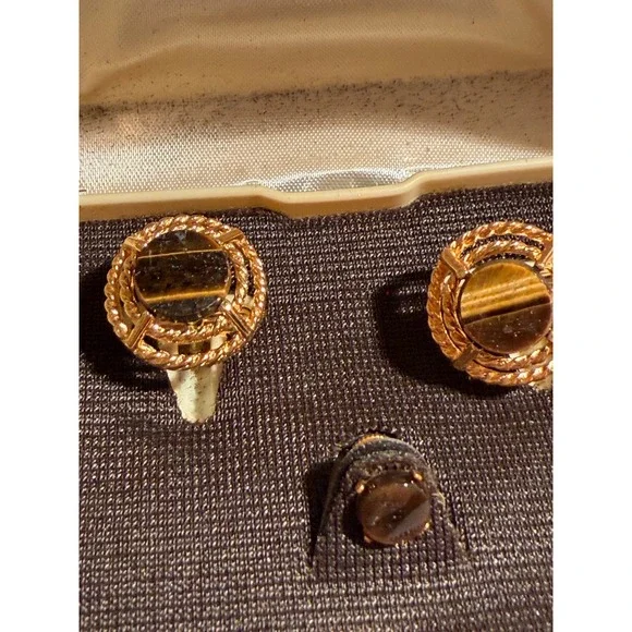 Vintage Dante Tigers Eye Cufflinks and Tie Tack Set Gold Tone Mid Century Boxed - Picture 3 of 7